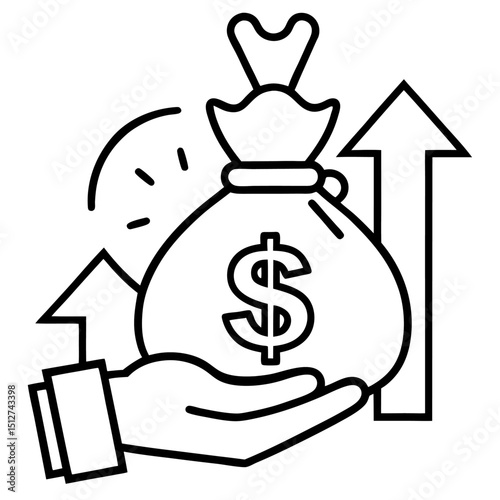 Hand holding money bag with upward arrows showing growth
