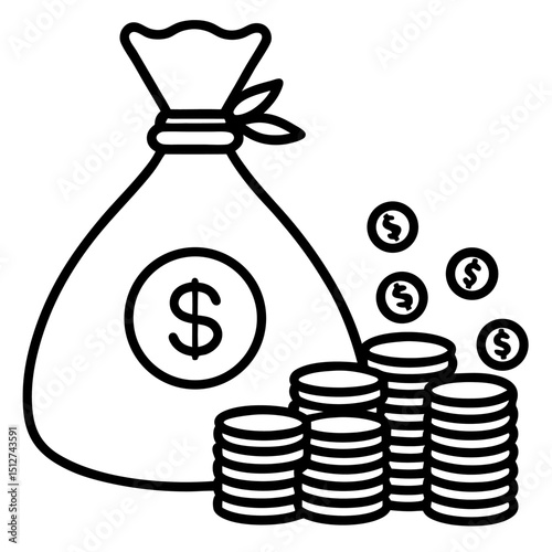 Money bag and stacks of coins financial wealth success