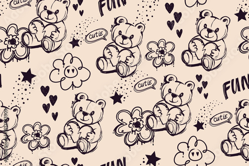 Cute teddy bear seamless pattern with hearts, flowers, stars, lettering on beige background. Cartoon print of toy bear in sketch style. graffiti teddy bear print