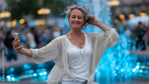 A woman from the group pulls out her phone to capture a spontaneous dance moment Working for the benefit of people using the copy space