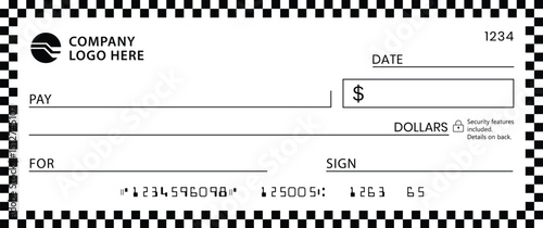 Blank Check Black White: Centered check with black/white checkered border. Features standard fields Payee, Amount, Date, Dollars, Memo. Minimalist, functional design on plain background.
