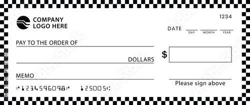 Blank Check Black White: Centered check with black/white checkered border. Features standard fields Payee, Amount, Date, Dollars, Memo. Minimalist, functional design on plain background.