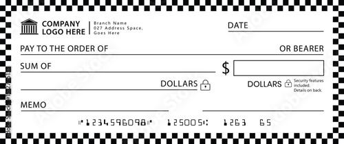 Blank Check Black White: Centered check with black/white checkered border. Features standard fields Payee, Amount, Date, Dollars, Memo. Minimalist, functional design on plain background.