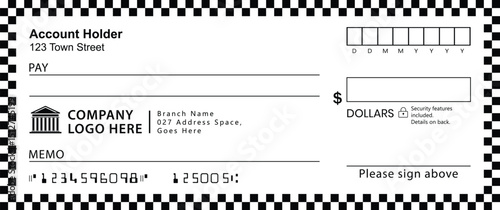 Blank Check Black White: Centered check with black/white checkered border. Features standard fields Payee, Amount, Date, Dollars, Memo. Minimalist, functional design on plain background.