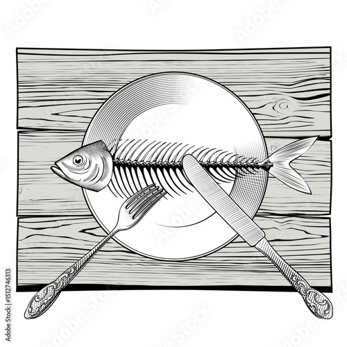 Skeleton of eaten fish on plate with fork and knife on wood texture panel. Vector illustration in vintage black and white engraving style