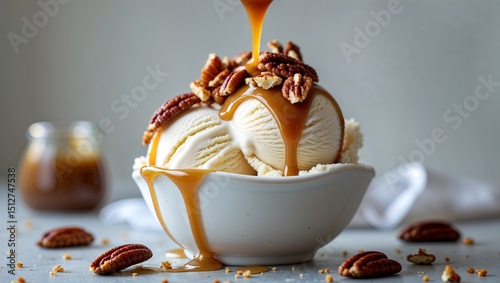 Ice cream with caramel and pecan nuts