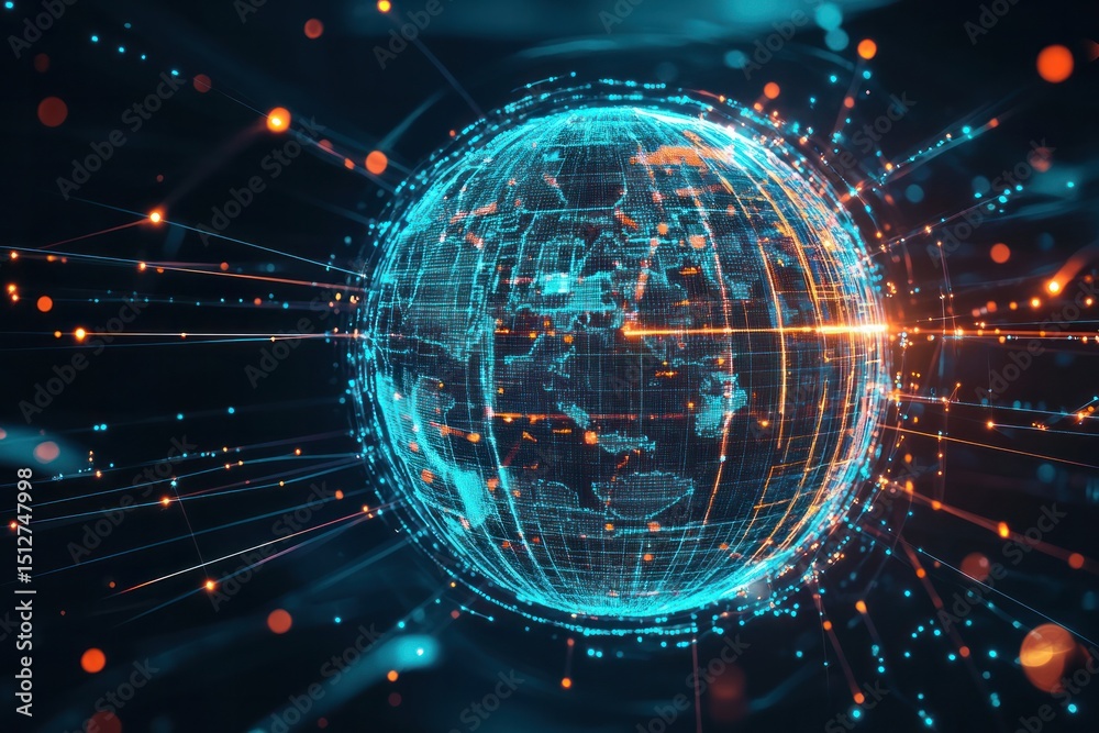 Obraz premium A stylized digital globe with a wireframe design, surrounded by illuminated data streams and connection points