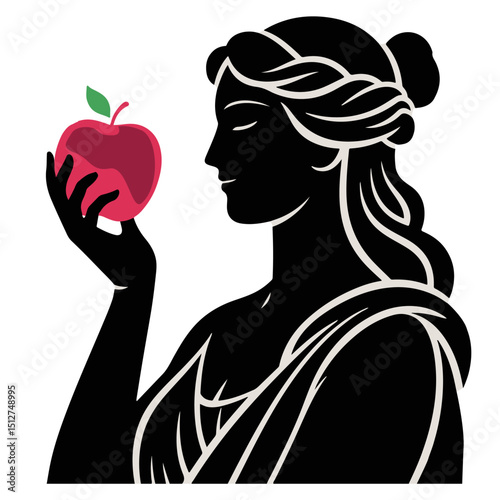 A woman in classical attire holds a red apple, depicted in a black silhouette illustration.