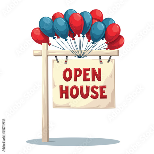 Find your dream home open house real estate event with balloons and sign for property