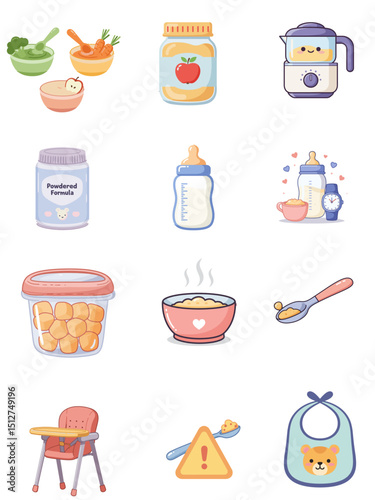 Set of Baby Feeding Icons, Cute Pastel Illustration. Child Nutrition, Baby Care Apps, Websites, Product Design