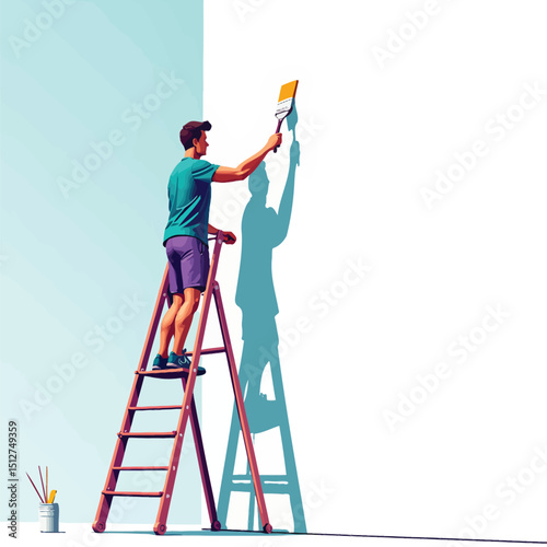 Man painting wall on ladder home improvement diy project painter with brush and paint bright light colors