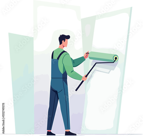 Professional painter using roller painting wall home improvement renovation services handyman repair job