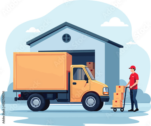 Delivery truck service with warehouse and man delivering packages vector illustration design concept