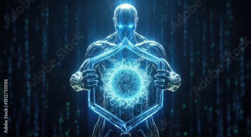 Cybernetic Being Protecting Digital Core Futuristic Sci-Fi Artwork