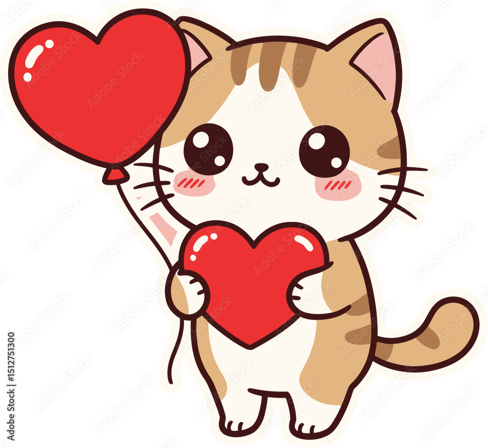 Adorable cartoon cat holding a heart balloon and a red heart, vector illustration for love theme Adorable cartoon cat holding a heart balloon and a red heart, vector illustration for love theme