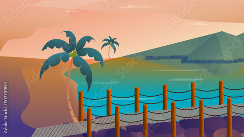 Portrait of a beautiful lake with a wooden bridge between the rocks.