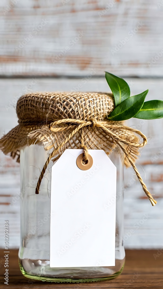 Fototapeta premium Empty glass jar with burlap lid and blank tag
