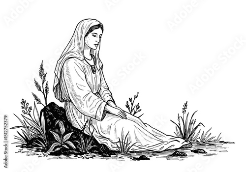 Woman, Pensive, Sitting on Rock by Stream, Surrounded by Plants. Hand-Drawn Sketch Vector. Contemplation, Serenity. Spiritual Content, Books, Websites