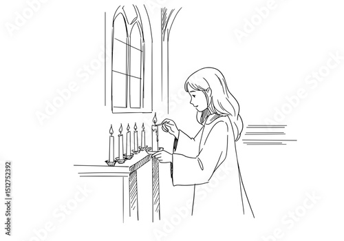 Girl lighting a candle in a church, Religious Event Concept (Assumption of the Virgin Mary). Spiritual Content, Books, Websites  