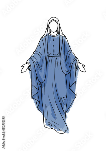 Woman in blue robe with outstretched arms, Hand-Drawn Sketch Vector. Assumption of the Virgin Mary, Religious Concept. Spiritual Content, Books, Websites