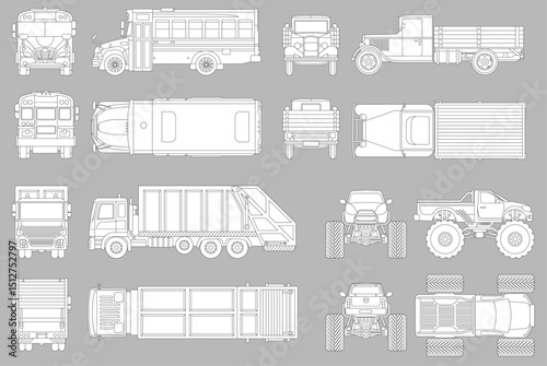 Flat vector line industrial vehicle design illustration of cleaning truck and school bus and agricultural tractor