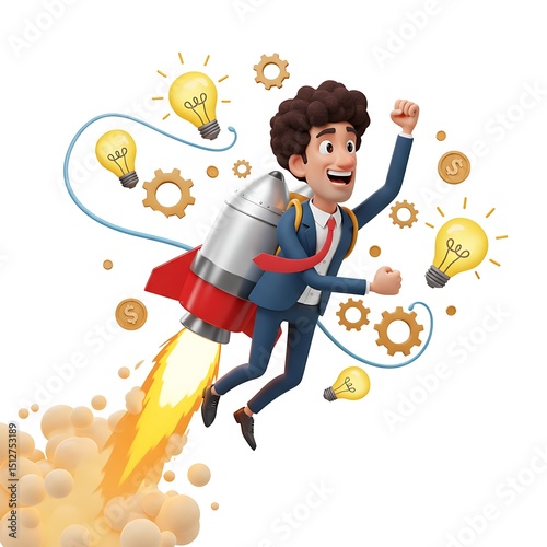 Cartoon entrepreneur flying with a jetpack powered by creativity, lightbulbs and gears floating around