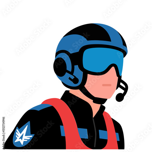 A pilot wearing a blue helmet and red harness, illustrated in a flat style.