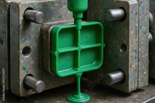 Plastic mold injection sustainable engineering work with green plastic part forming in metal mold for manufacturing process