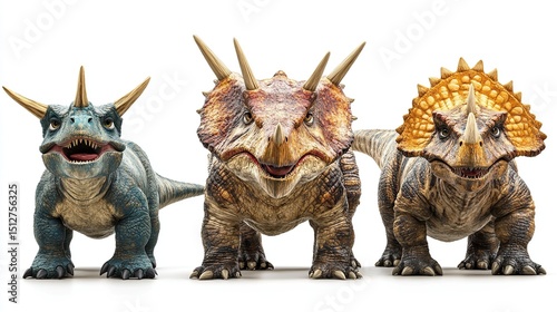 Three dinosaur faces,  close-up,  facing forward,  in  different colors,  on  white background