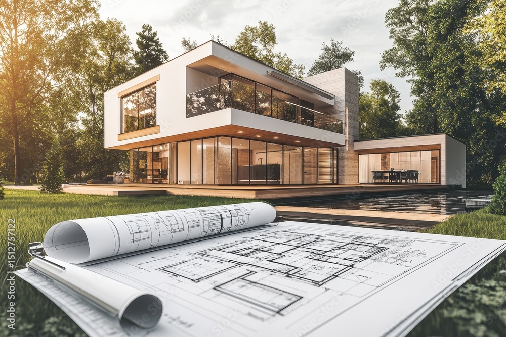 Modern, two-story house with pool and architectural blueprints in foreground, nestled in a lush green landscape Modern, two-story house with pool and architectural blueprints in foreground, nestled in a lush green landscape
