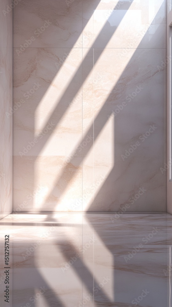 Obraz premium Sunlight filters through skylights onto a polished marble floor in a minimalist bathroom. generative ai
