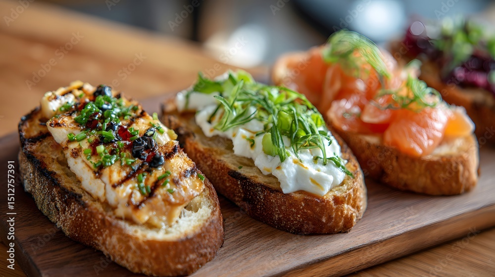 Close-up of gourmet toasts on a wooden board, featuring toppings like grilled halloumi, ricotta with herbs, and smoked salmon. Close-up of gourmet toasts on a wooden board, featuring toppings like grilled halloumi, ricotta with herbs, and smoked salmon.