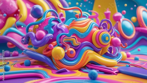 A vibrant 3D abstract composition featuring colorful, glossy, swirling shapes and spheres in a dynamic, futuristic, and playful environment bursting with energy and motion