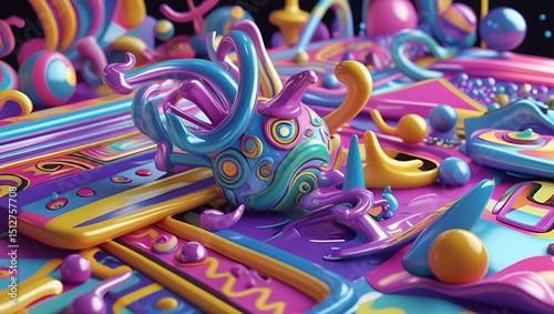 A vibrant 3D abstract composition featuring colorful, glossy, swirling shapes and spheres in a dynamic, futuristic, and playful environment bursting with energy and motion