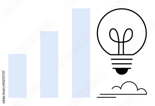 Three ascending bar charts alongside a minimalistic light bulb emitting ideas above thin clouds. Ideal for innovation, growth, progress, development, strategy, creativity, inspiration. Flat simple