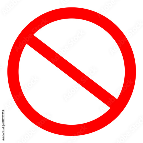 Classic red prohibition sign with a diagonal slash. Universal symbol for restriction, warning, or no-entry indication. Clean and simple design. perfect for sign design, education, and presentations