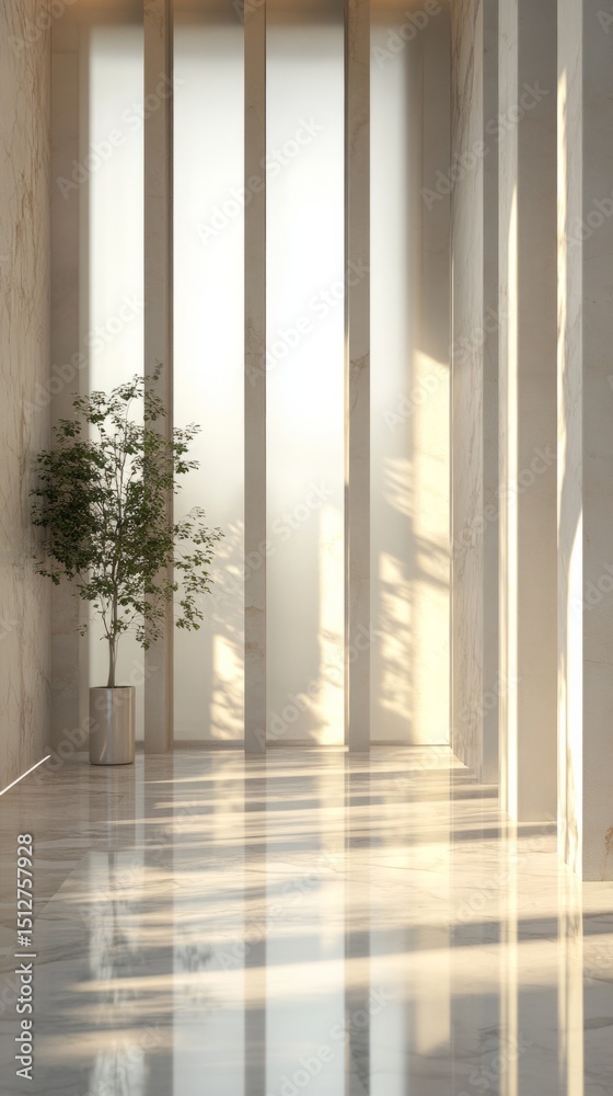 Obraz premium Sunlight filters through tall windows onto a shiny marble floor in a minimalist hallway, generative ai
