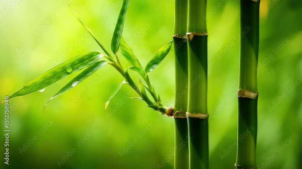 Close-up of bamboo stalks and leaves with dew drops in lush green environment