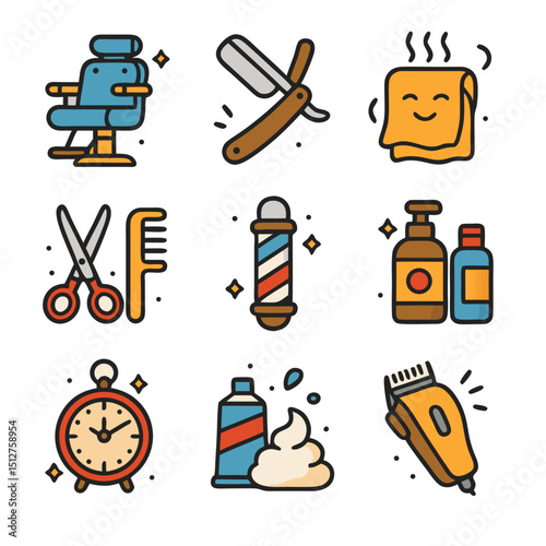 Set of nine barber shop icons suitable for websites, social media, marketing materials, and logo design. Perfect for barberrelated businesses.