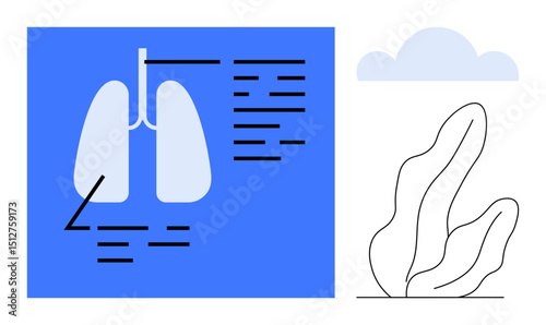 Human lung diagram illustrates respiratory health, shown alongside nature elements thumbs up a plant and cloud. Ideal for healthcare, medicine, biology, environment, sustainability, education, simple