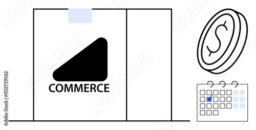 Package labeled Commerce, floating coin with dollar sign, and marked calendar. Ideal for e-commerce, delivery service, sales planning, budgeting, logistics management, time tracking flat simple