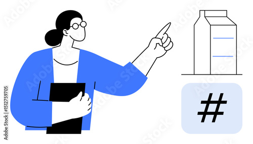 Woman with glasses holding a file and pointing at a boxed product illustration and metadata tag icon. Ideal for marketing, branding, social media strategy, advertising, retail, content creation