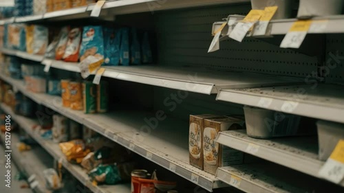 Partially empty grocery store shelves with scattered items
