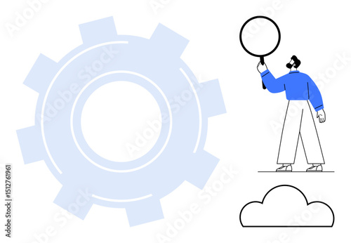 Person holds magnifying glass near large translucent gear and cloud outline. Ideal for innovation, technology, development, problem-solving, data analysis, strategy, teamwork, simple landing page