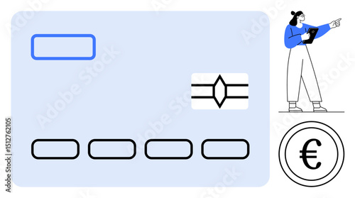 Credit card with chip, euro currency coin, woman using tablet for payments or analytics. Ideal for finance, e-commerce, digital banking, money management, online transactions, fintech simple landing