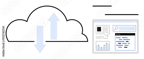 Cloud with up and down arrows beside a web interface displaying graphs, text, and search bar. Ideal for technology, analytics, data transfer, connectivity, cloud computing, web interface simple