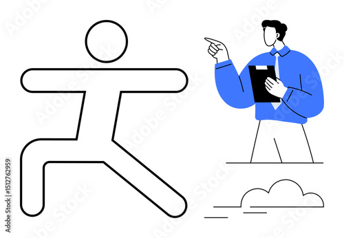 Stick figure practicing yoga stretch while instructor with clipboard gives direction. Ideal for fitness, wellness, yoga, coaching, instruction, mindfulness, cartoon flat simple metaphor