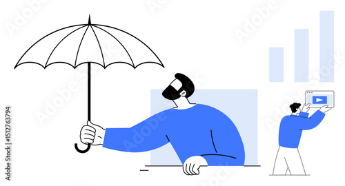 Man holding an umbrella symbolizes protection, while a colleague interacts with a video and bar graphs. Ideal for business, teamwork, protection, analysis, leadership, collaboration, simple landing