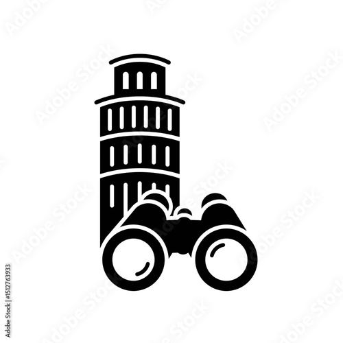 Leaning Tower and Binoculars Icon, Vector Illustration. Excursion, Sightseeing, Travel Concept. Websites, Apps, Articles 