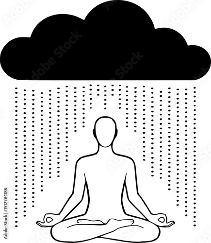 Zen Monk Meditating Under Storm Cloud – Spiritual Mindfulness Illustration Symbolizing Inner Peace, Mental Resilience, and Emotional Strength During Chaos – Minimalist Black and White Vector Art